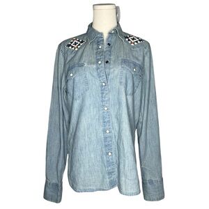 Polo Ralph Lauren Light Wash Denim Southwestern Beaded Pearl Snap Button Down
